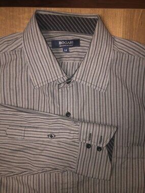 Bogari Men's Button Up Shirt Size Medium Long Sleeve Cotton Striped Black Gray